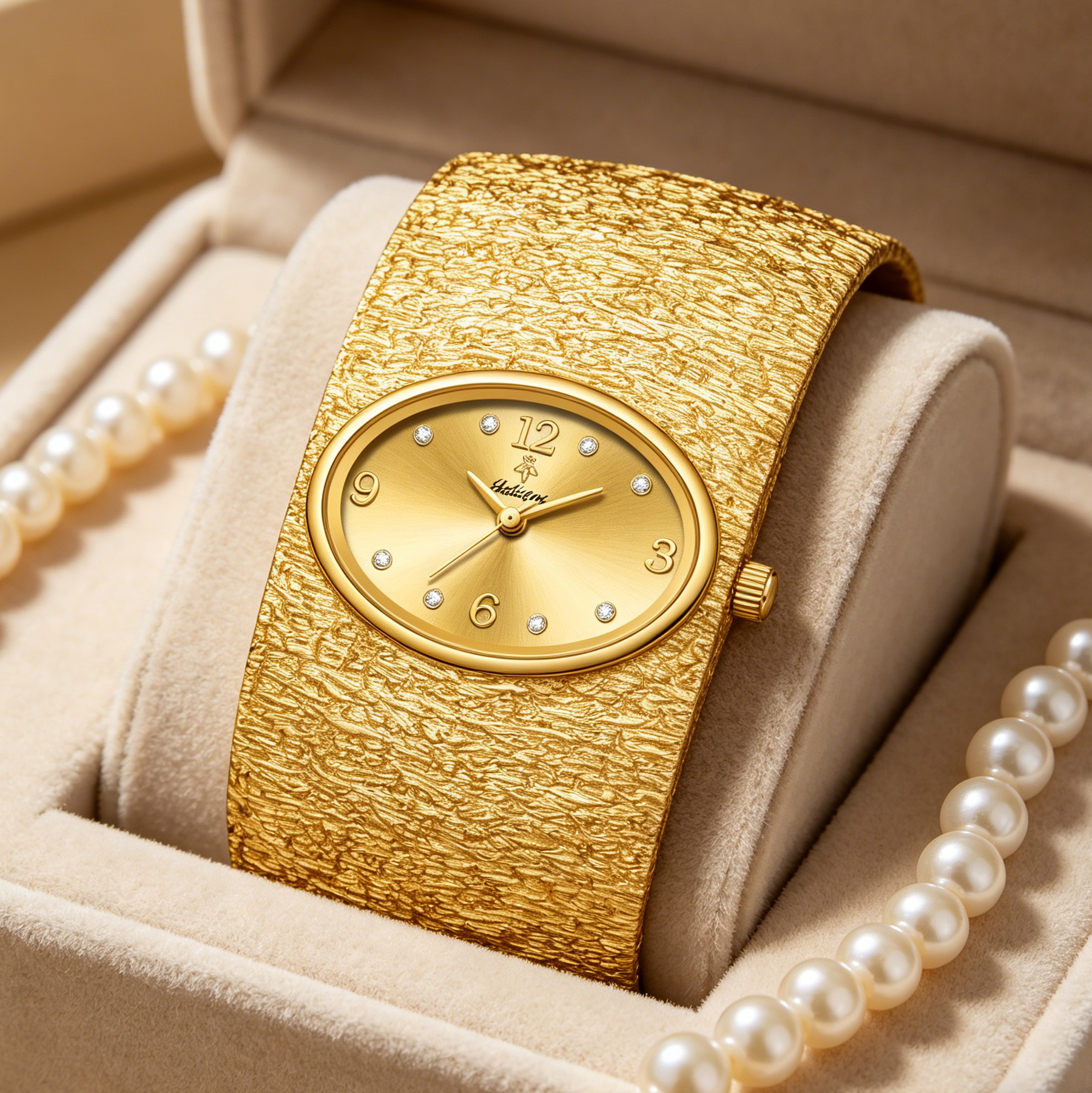 Vintage Watch Crystal - YaLaLuSi Textured Wide Gold Cuff Bangle